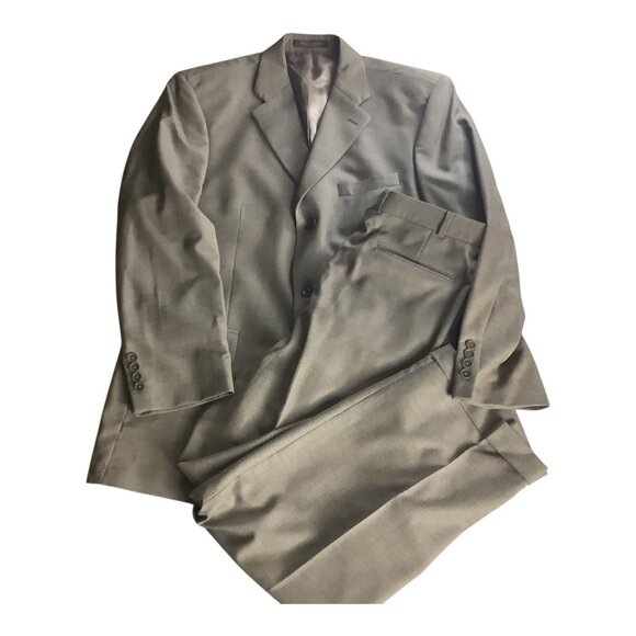 Kasper Men's Khaki Tan Wool Suit Jacket & Pants 2-Piece Set 46L Pure Virgin Wool - Picture 2 of 16